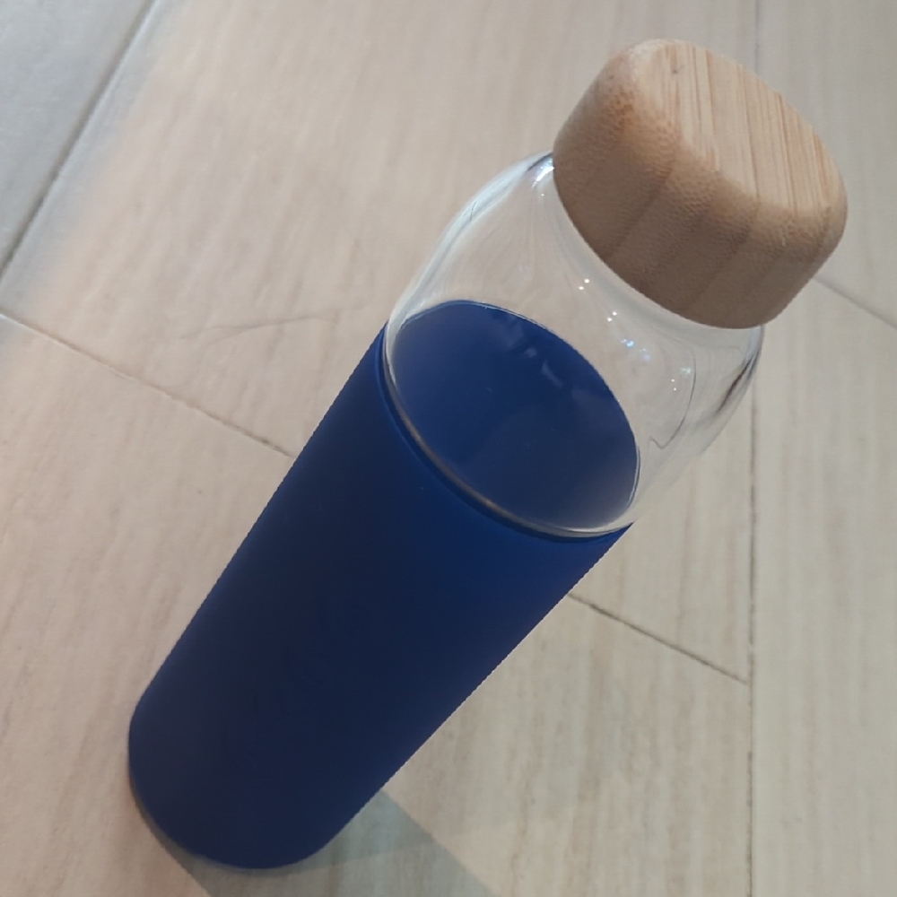 Blue Glass Water Bottle with Wooden Lid